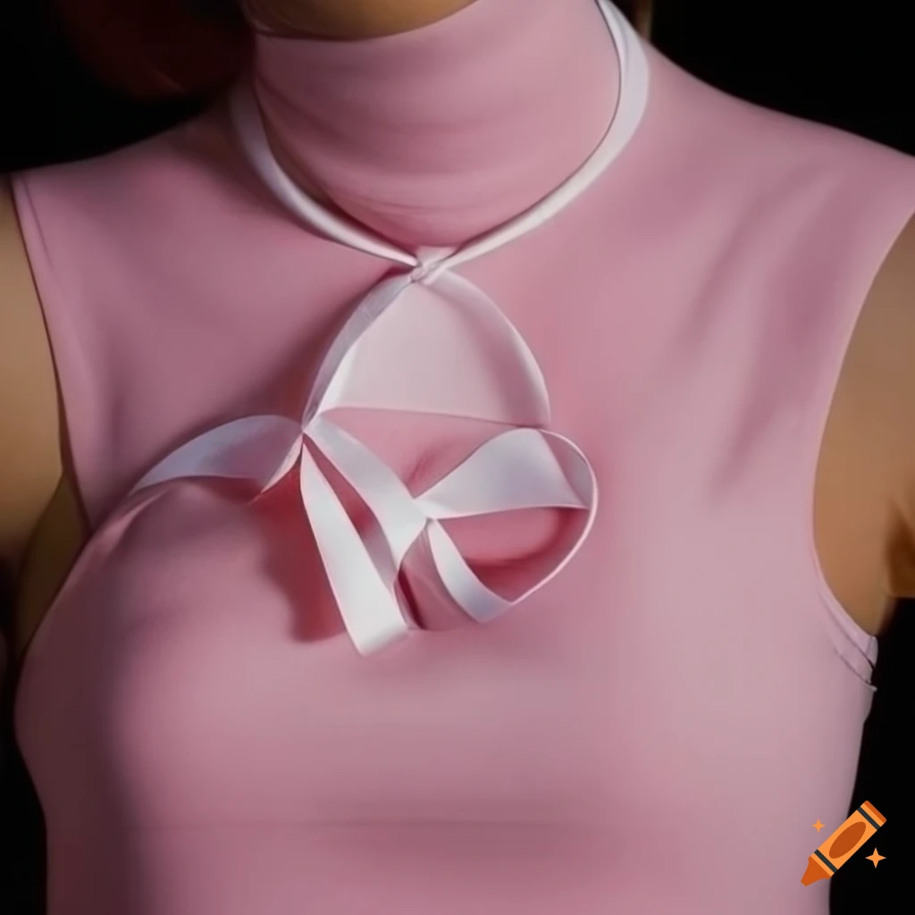 close-up of a woman wearing a detailed pink dress with a white ribbon