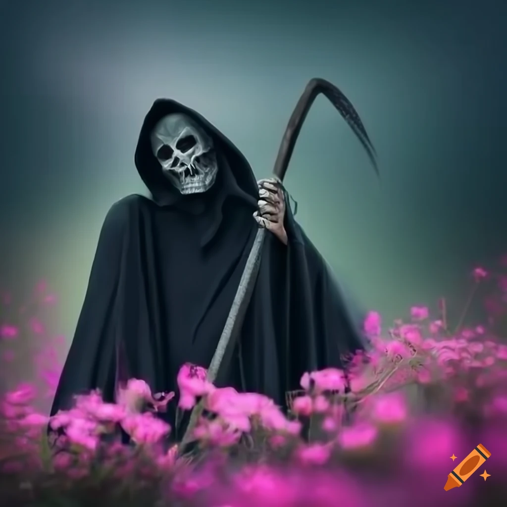 Colorful artwork of a smiling grim reaper in a flower field on Craiyon