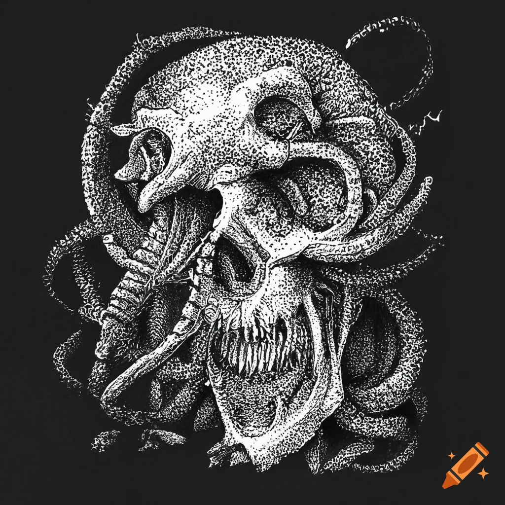 black and white illustration of a Hydralisk Skeleton
