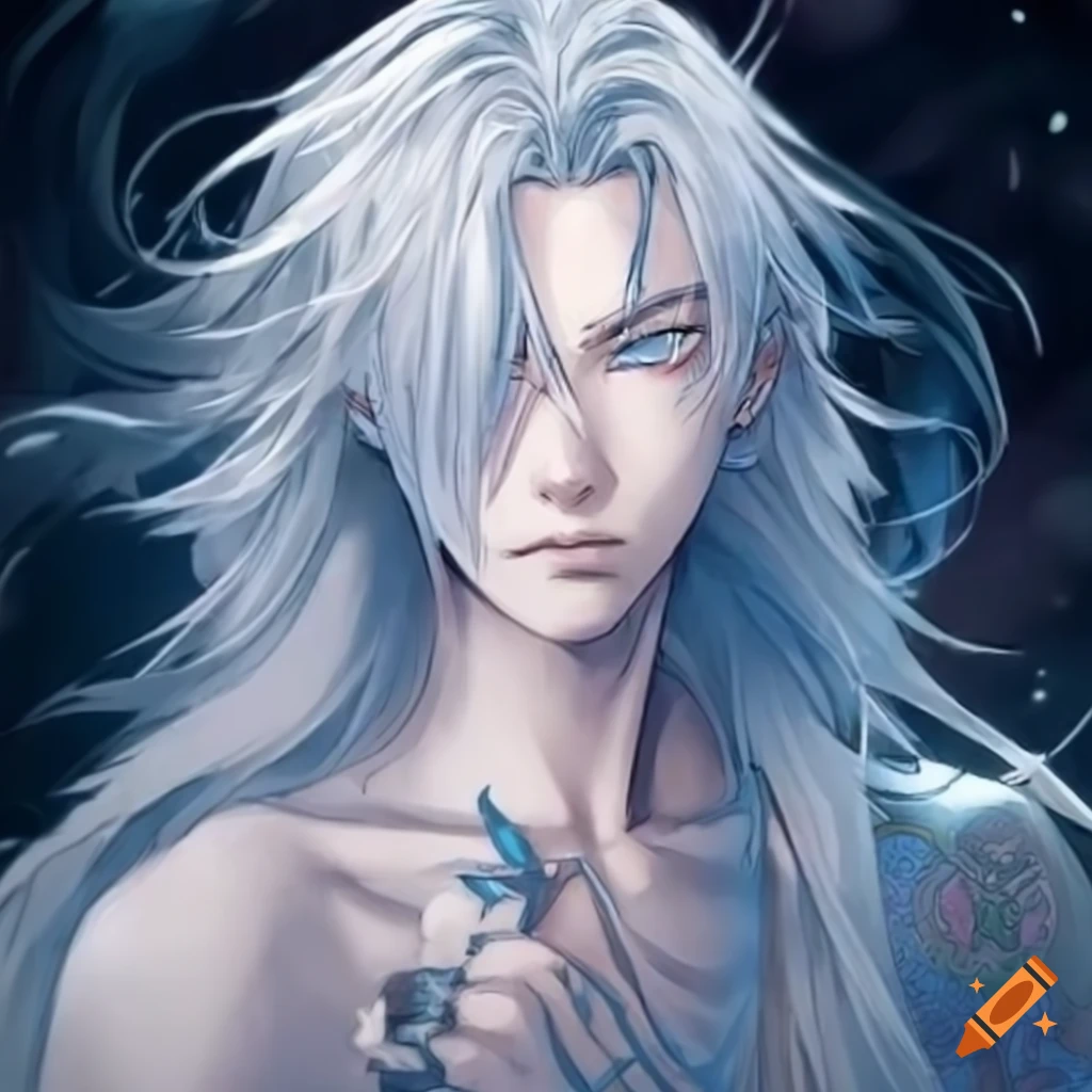 ethereal anime male with long white hair and blue eyes