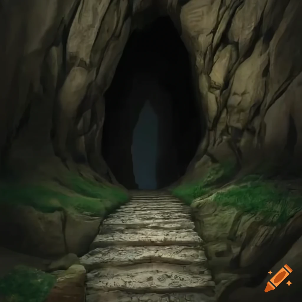 path leading to a cave between tall rock walls