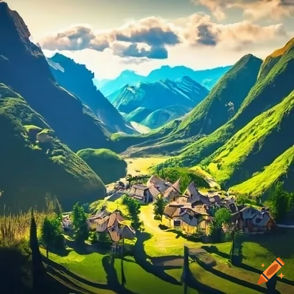 View of a magical village nestled in a mountain range on Craiyon