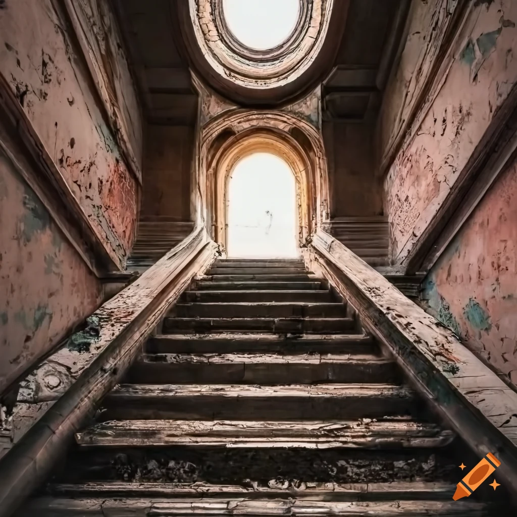 photo of a symmetrical staircase in an abandoned building