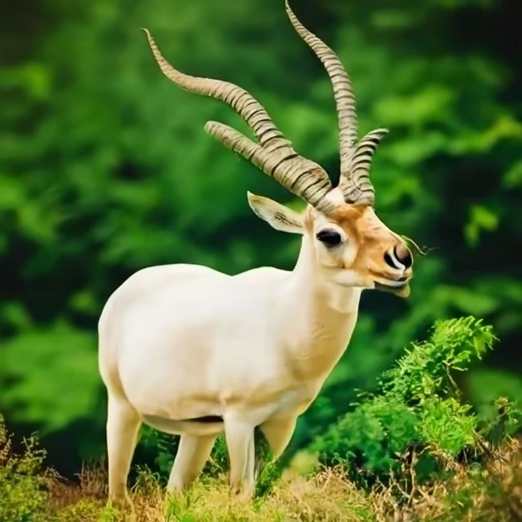 White antelope with golden horns in lush greenery on Craiyon