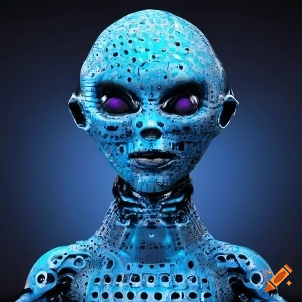 blue mechanical space alien with dotted head