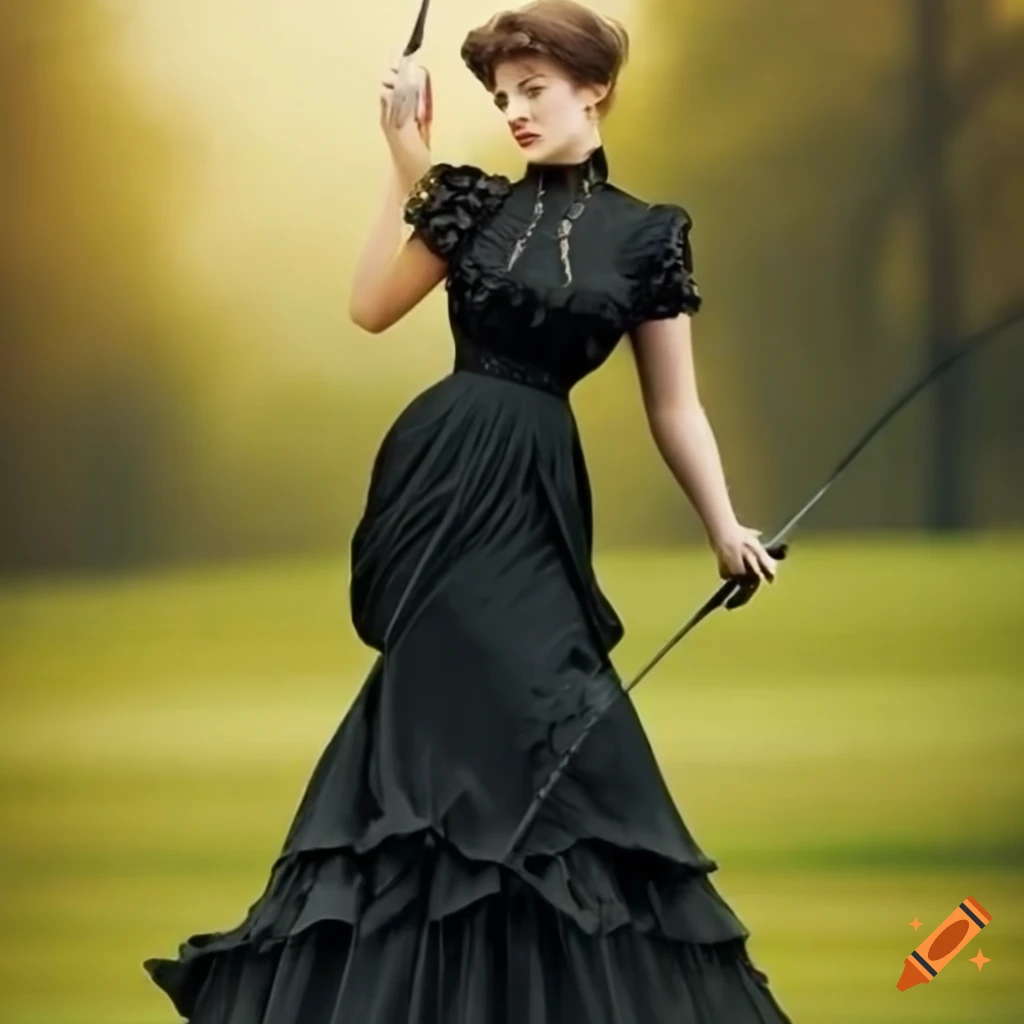 Woman in black Edwardian dress playing golf on Craiyon