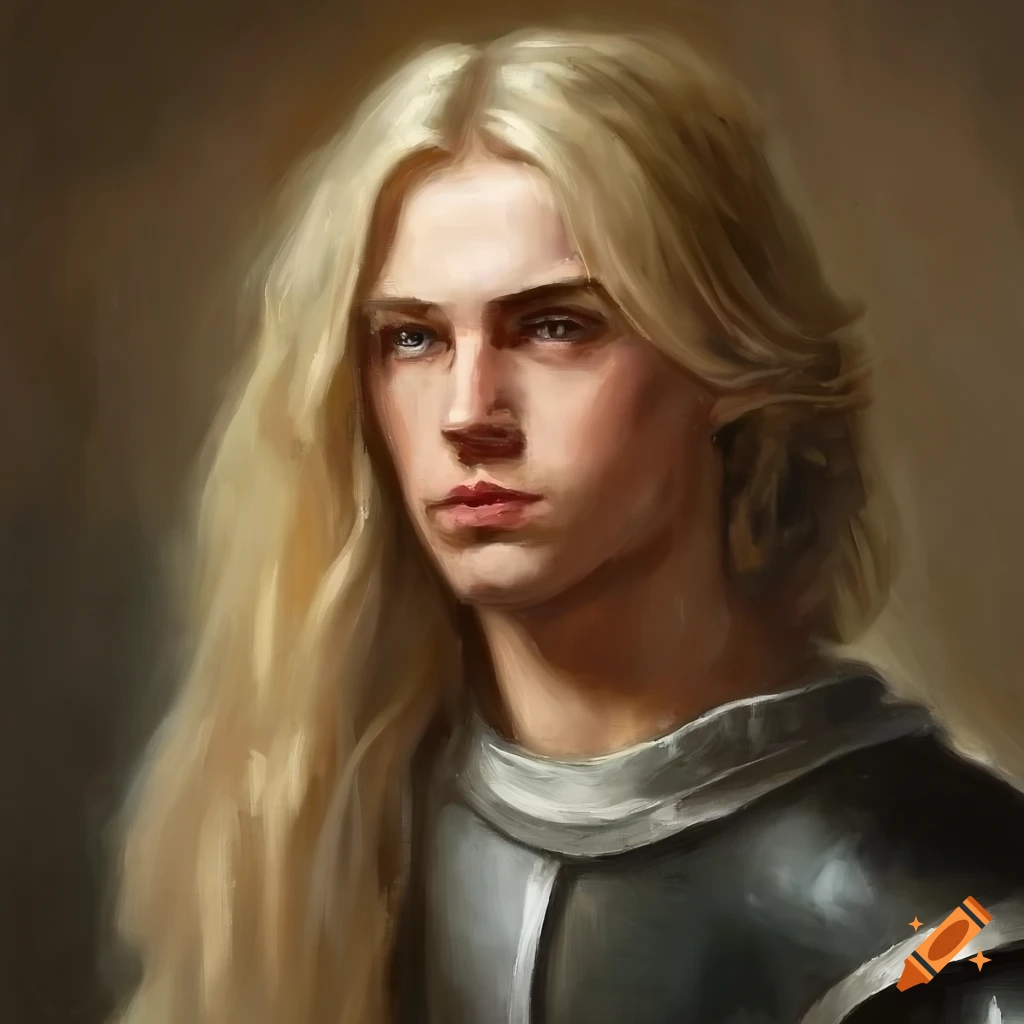 Portrait of a young knight with long hair on Craiyon