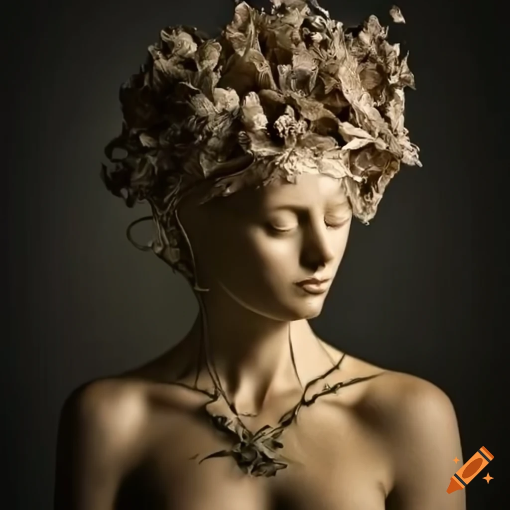 intricate foliage sculpture of a woman