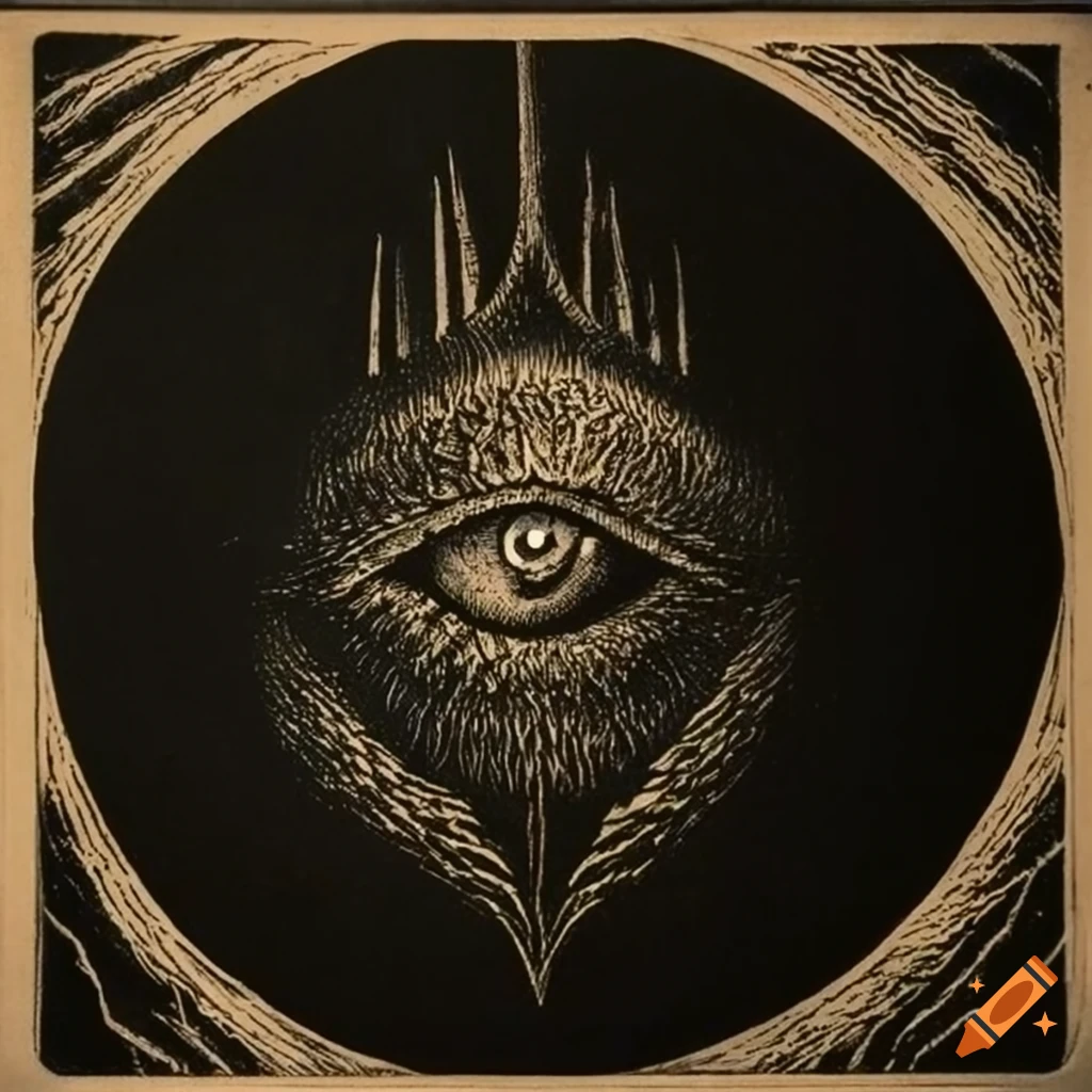 Black and white acid-etched illustration of the Eye of Sauron on Craiyon