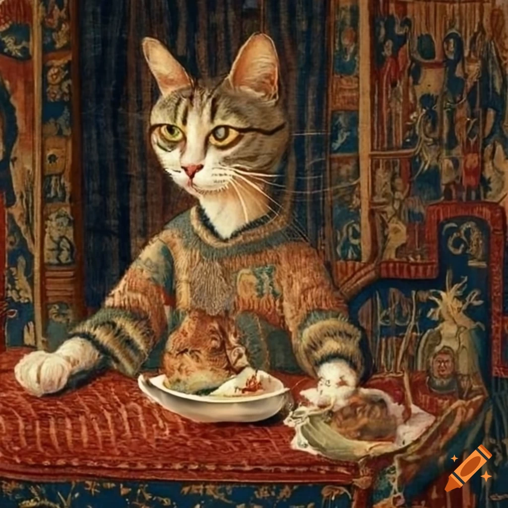 medieval tapestry of a cat enjoying a meal