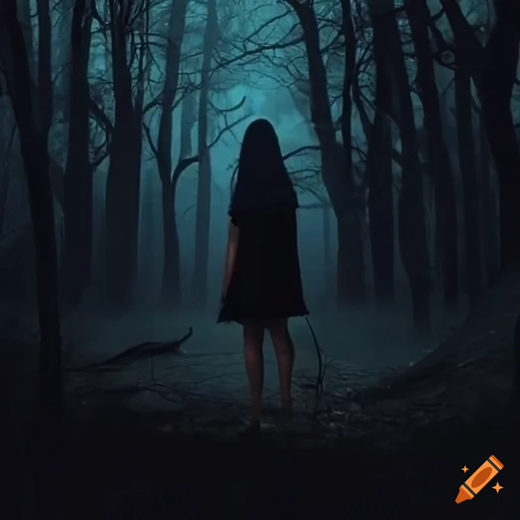 image of a girl in a haunted forest at night