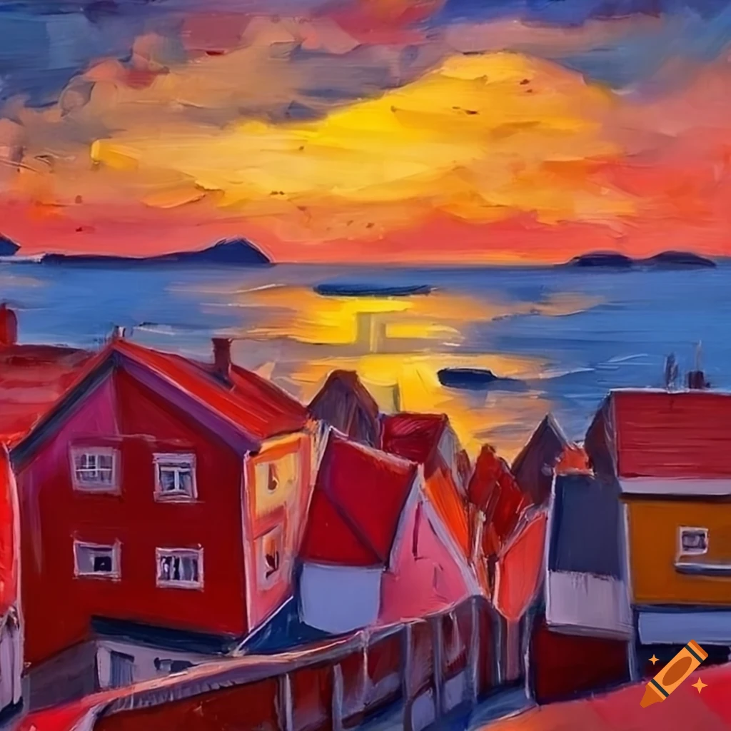 Oil painting of a colorful town by the seaside at sunset on Craiyon