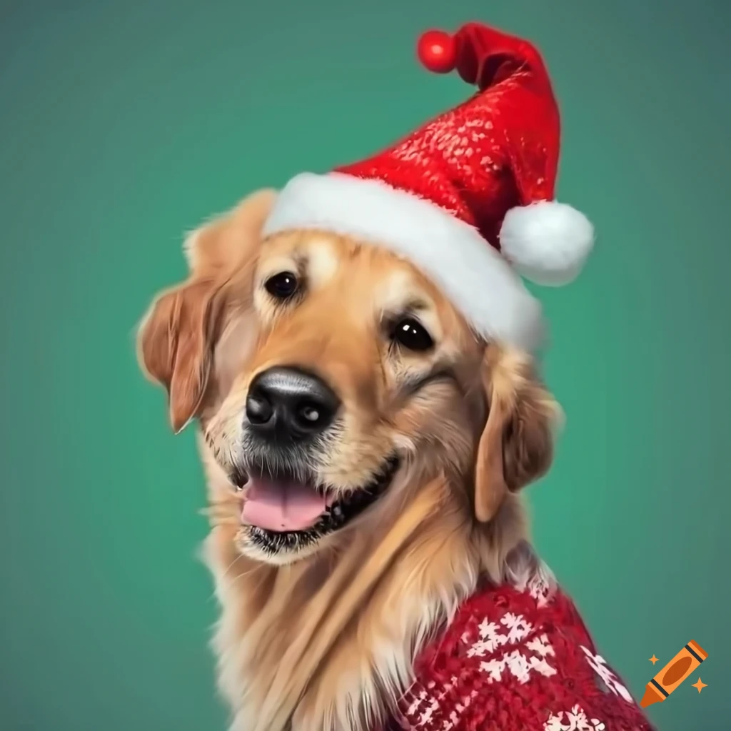 Golden retriever wearing a santa hat and christmas sweater on Craiyon