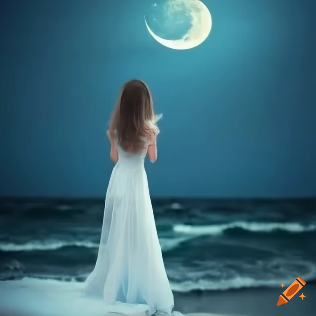 artistic depiction of a girl in a white dress walking into the sea