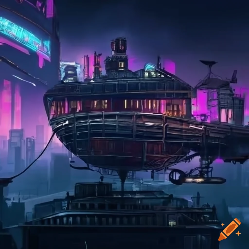 cyberpunk airship station with intricate brass and ironwork