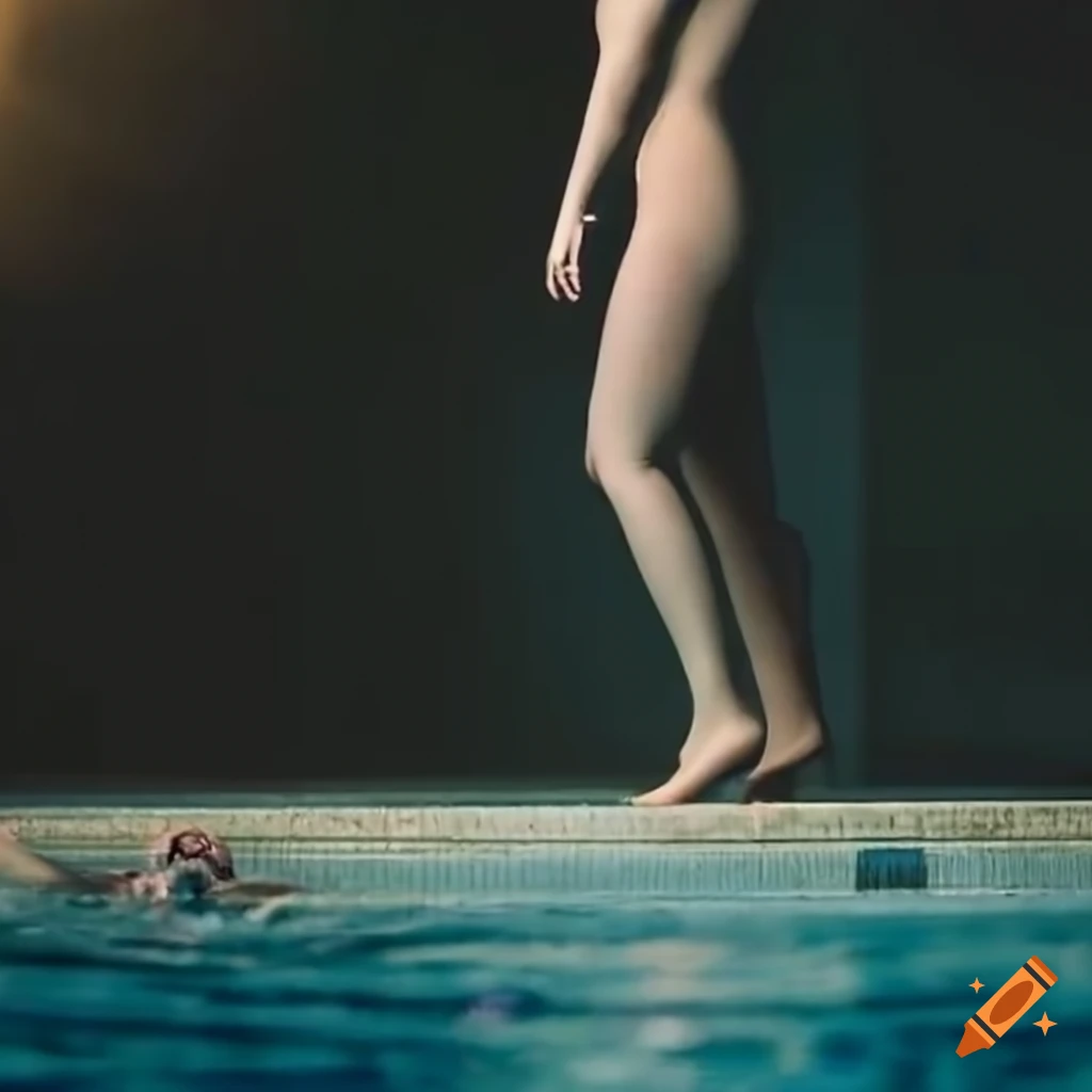 dramatic lighting at a swimming pool with standing swimmers