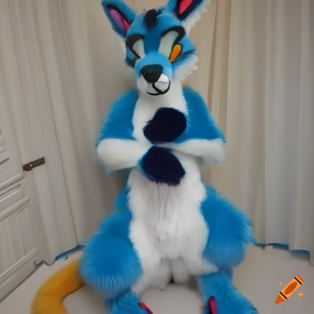 blue and white kangaroo cartoon fursuit