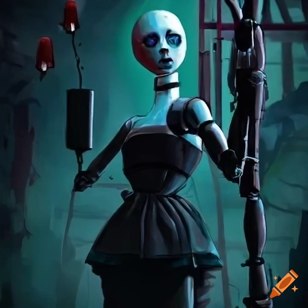 marionette puppet nun ballerina droid in a crowded toilet
