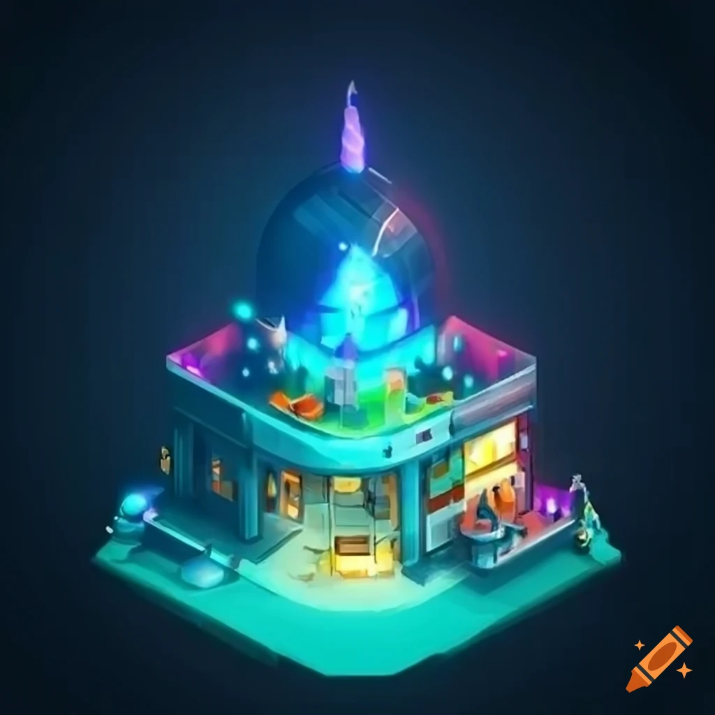 Colorful 2d game artwork of a magical energy crystal factory on Craiyon