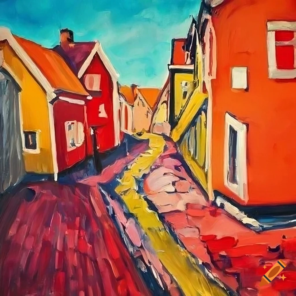vibrant oil painting of a seaside town in Norway style