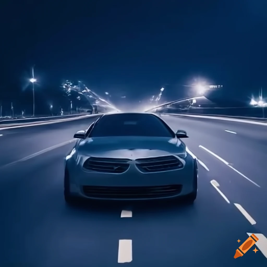 sleek car with music note on hood on a road