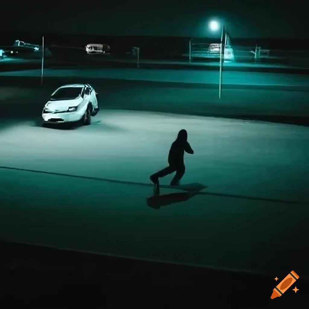 man escaping in a dimly-lit parking lot