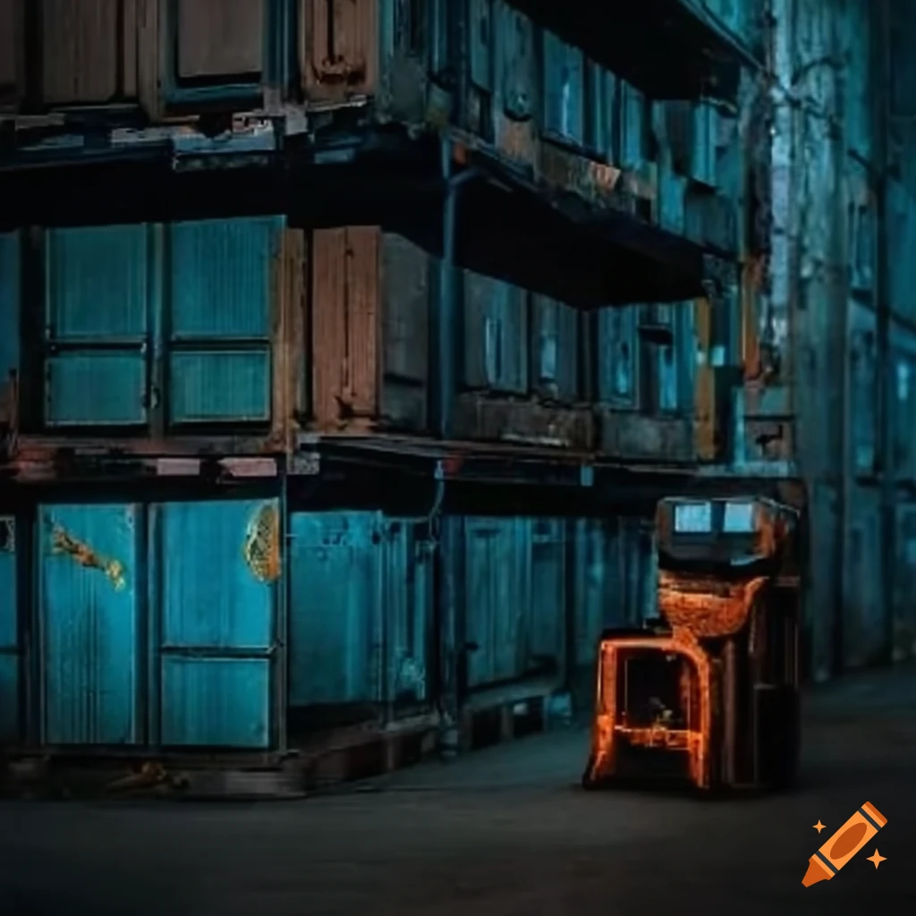 industrial hanger base with crates and forklift vehicles
