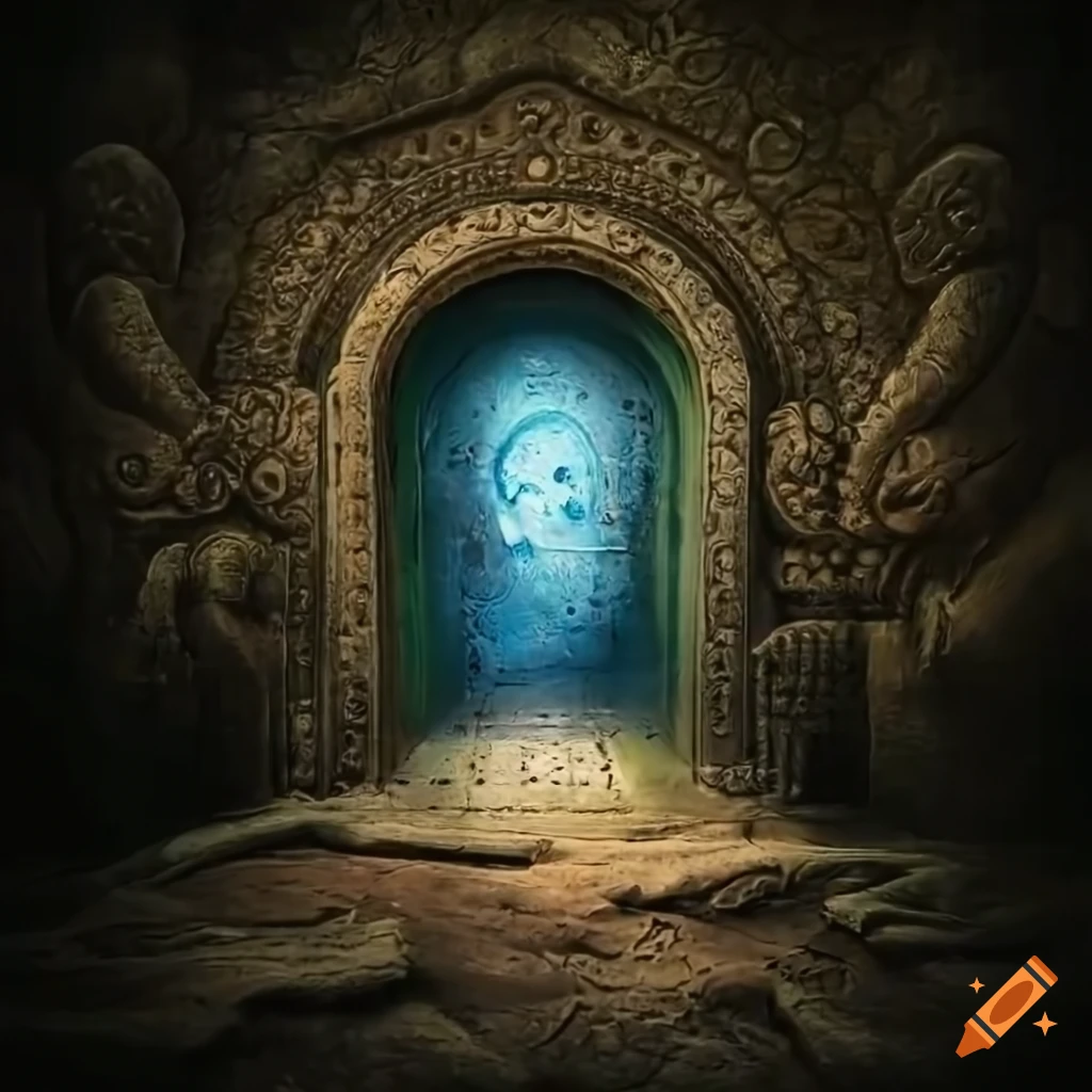 stone door with African gods in a cave