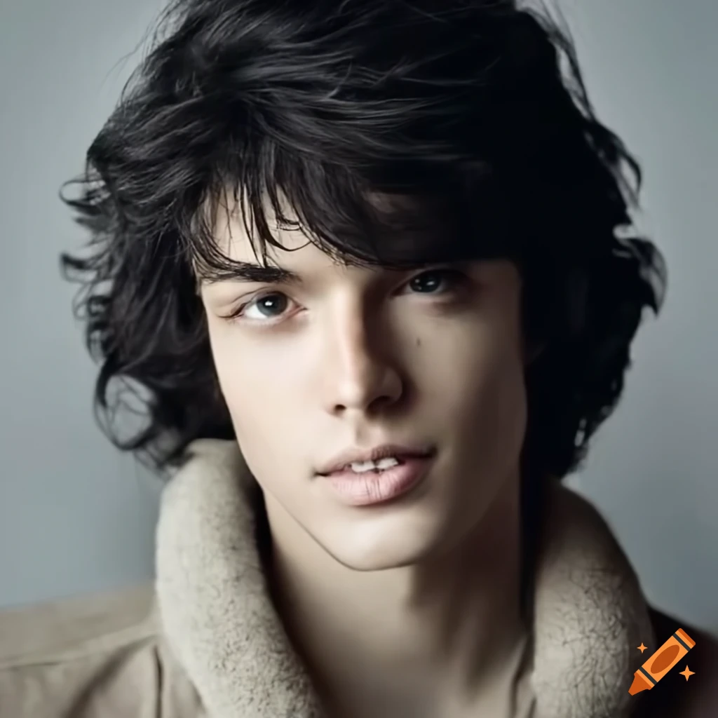 portrait of a handsome man with black wavy hair and gray eyes