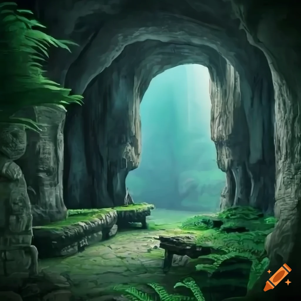 image of a cavern with stone columns and green plants