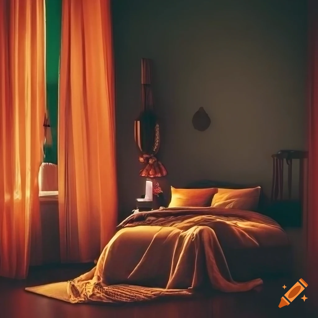 Cozy bedroom with pink, green, and orange accents on Craiyon