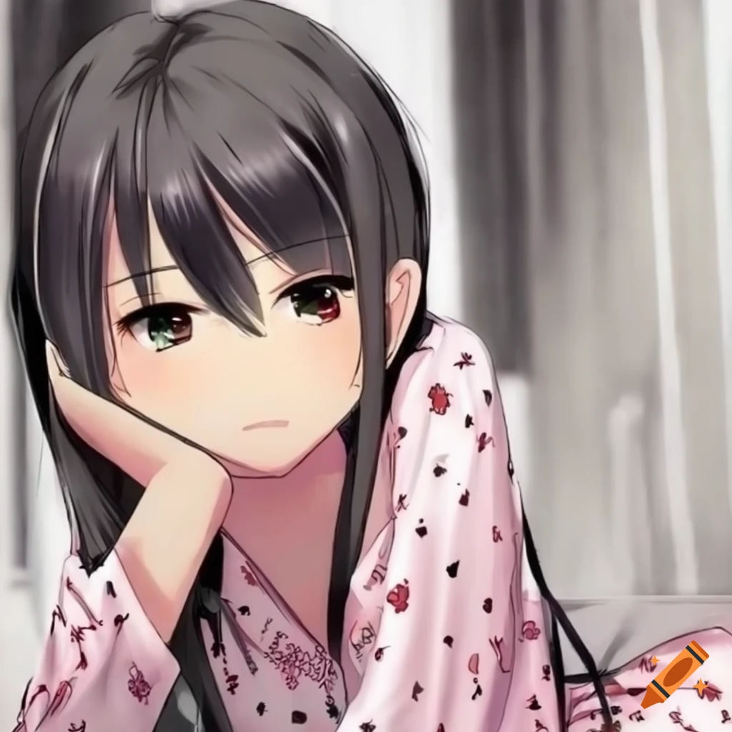 Cute anime girl in pajamas with long black hair on Craiyon