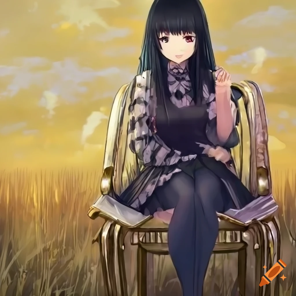 Drawing Of A Black Haired Anime Girl Sitting On A Golden Chair In A Field On Craiyon