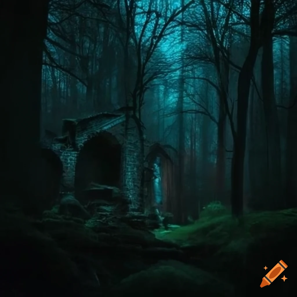 moonlit ruins in a mystical forest