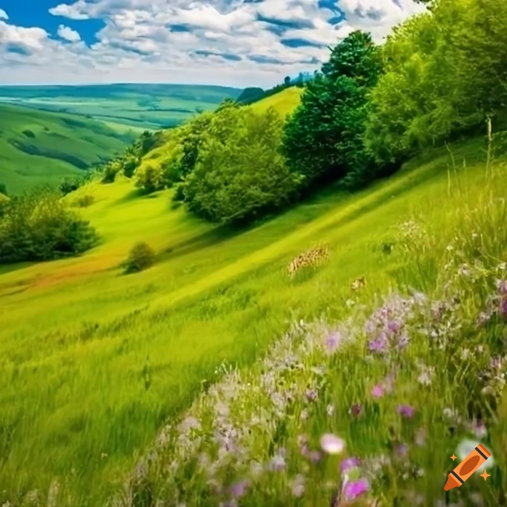 scenic grassy landscape with rolling hills and trees