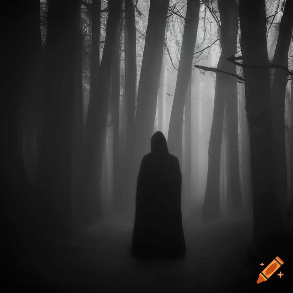 black and white portrait of a woman in a foggy forest
