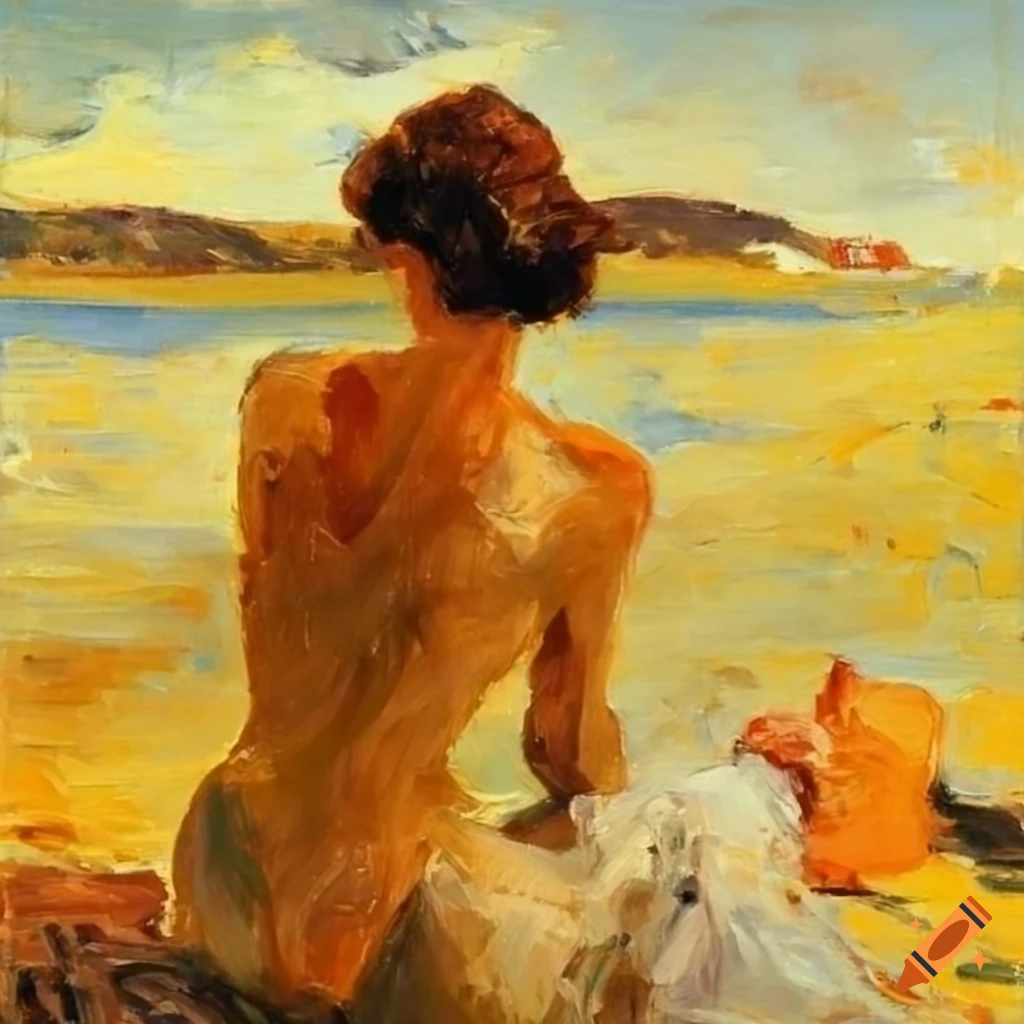 oil painting of female sunbathers at the water's edge