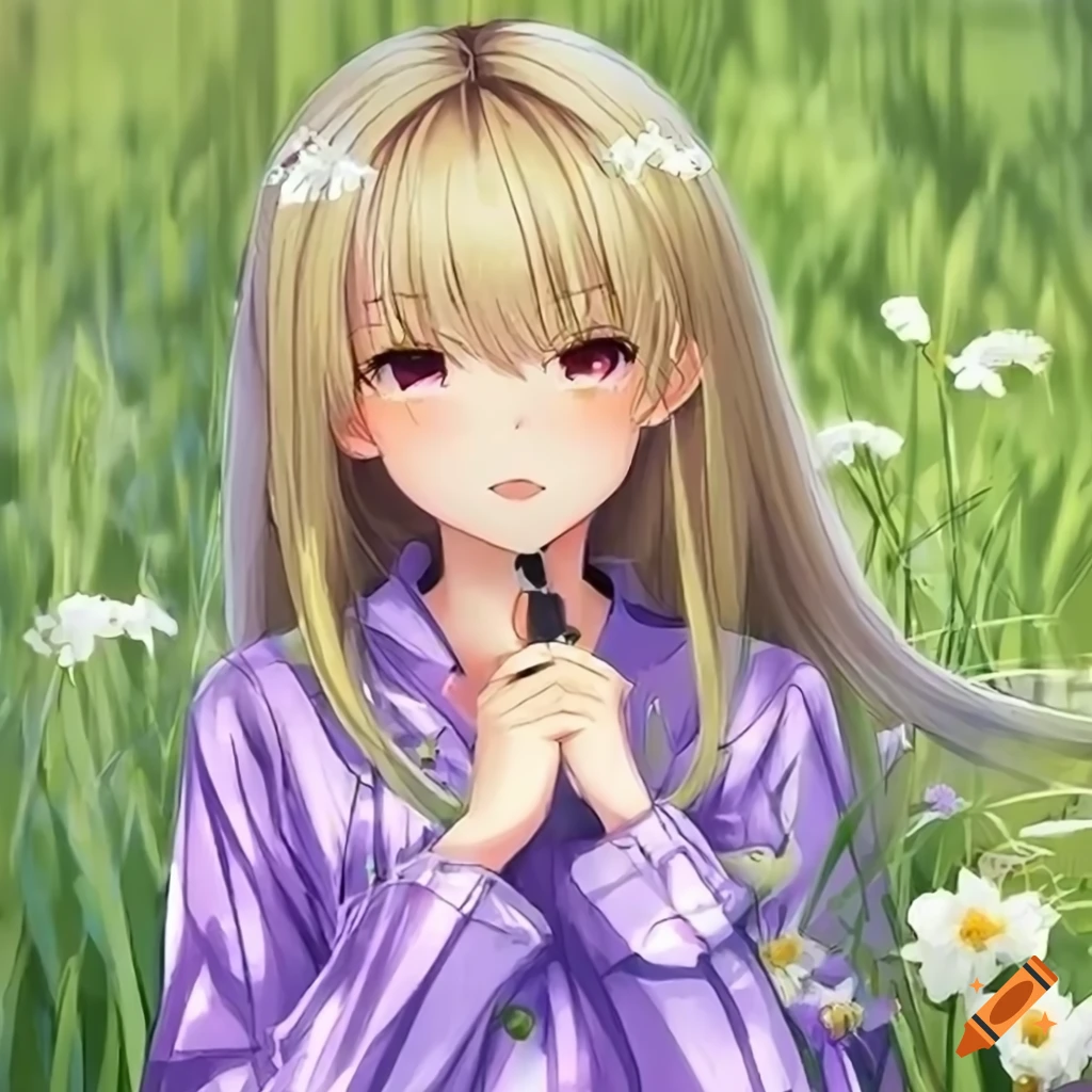cute anime girl in pajamas with long blonde hair and flowers