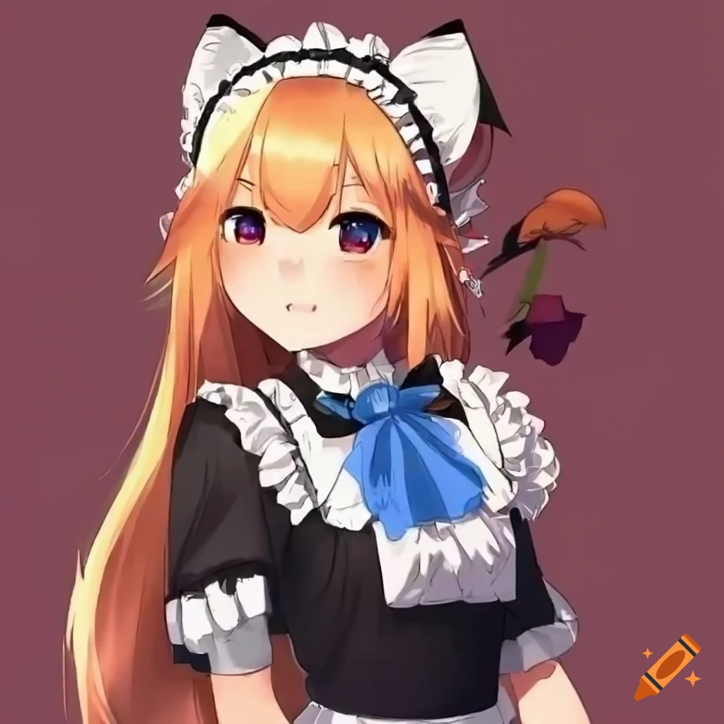 cute anime fox maid with long hair and ears