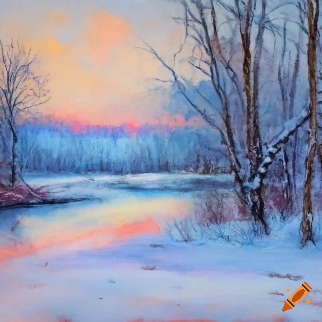 vintage oil pastel depiction of a serene winter countryside