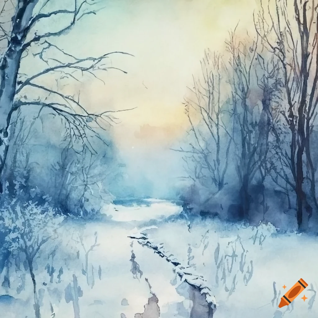 vintage watercolor of a peaceful winter path