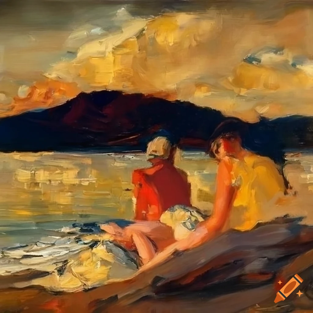 oil painting of sunbathers at the water's edge