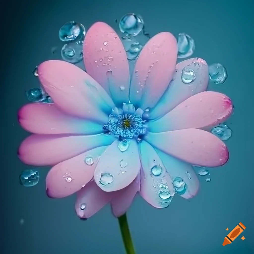 close-up of a pastel blue and pink flower with water droplets