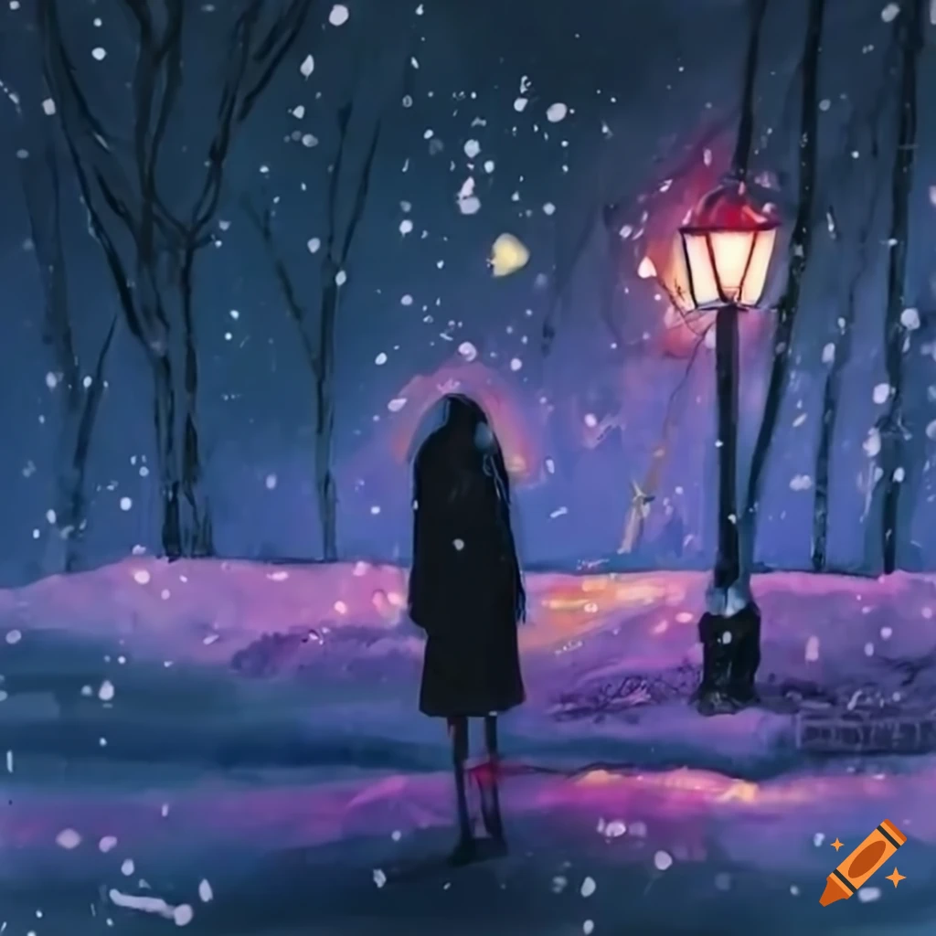 a woman standing under a streetlight in the snow