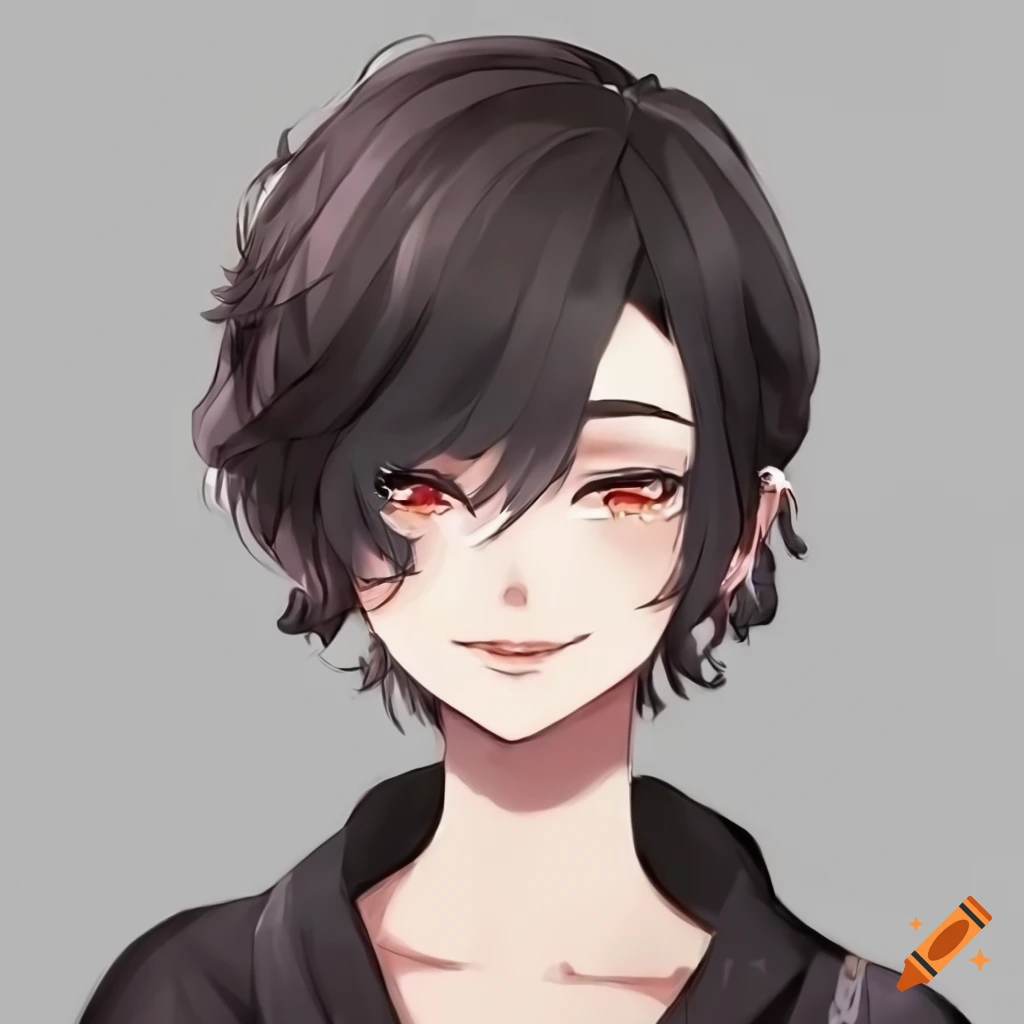 illustration of a femboy with black hair and brown eyes