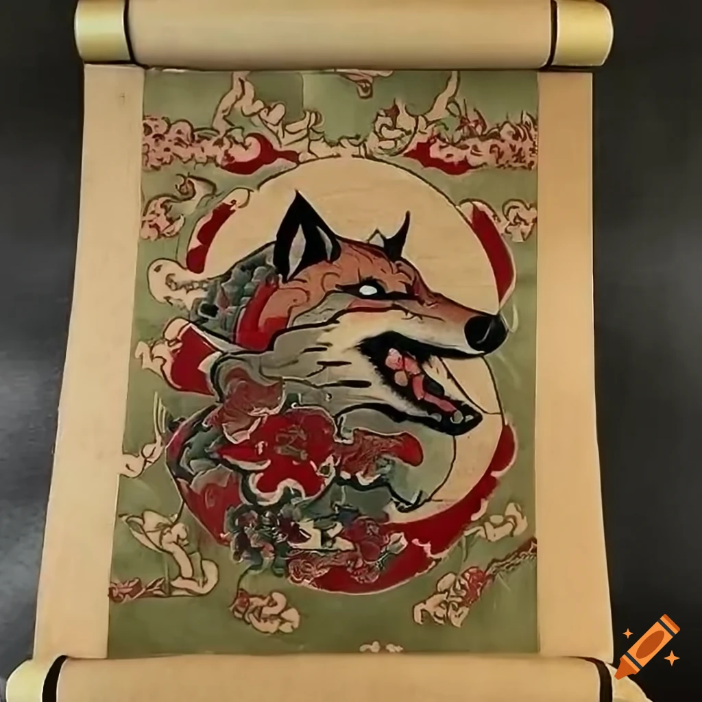 an abstract Japanese folklore scroll with a wolf