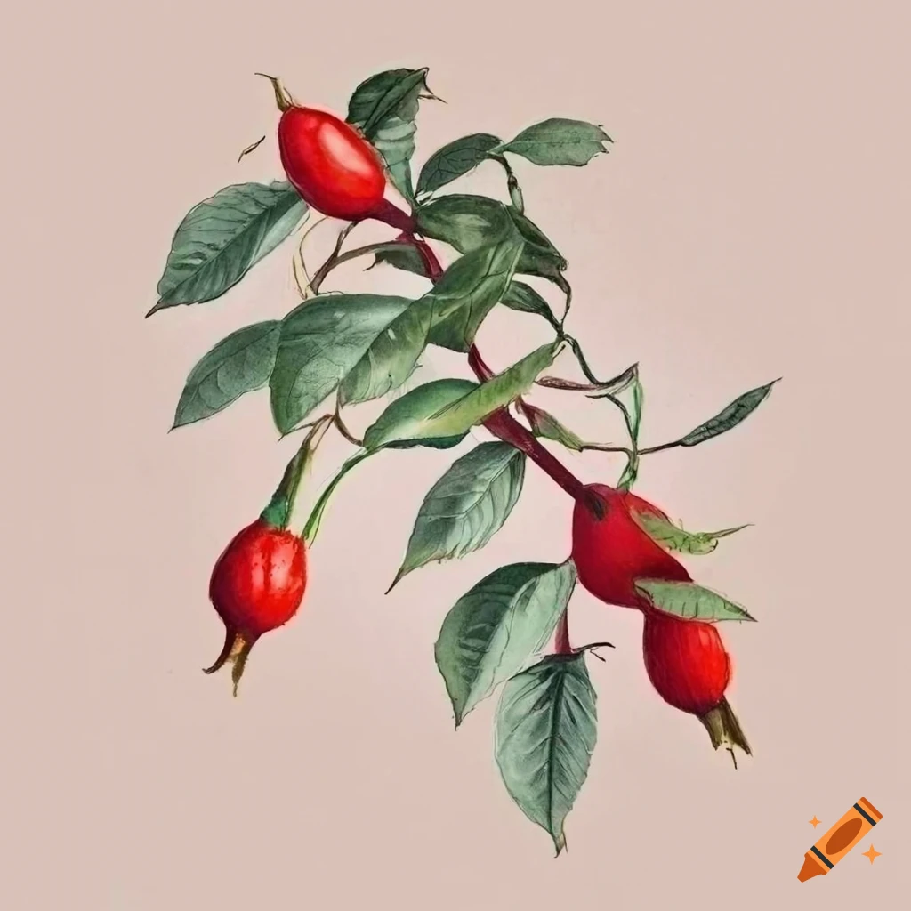 detailed drawing of a rose hip plant