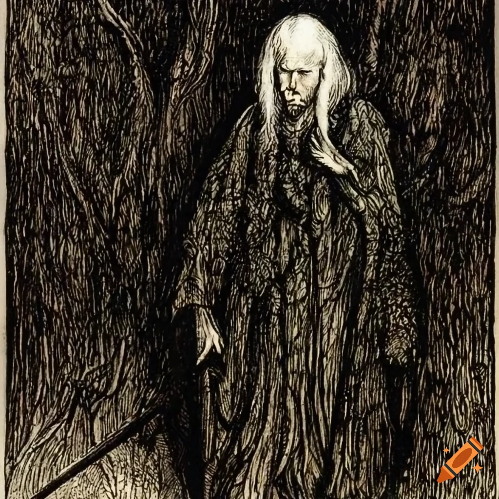 Illustration of a determined male elf in a dark forest on Craiyon