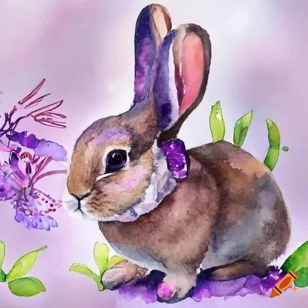 Watercolor painting of a cute rabbit with amethyst crystals and ...