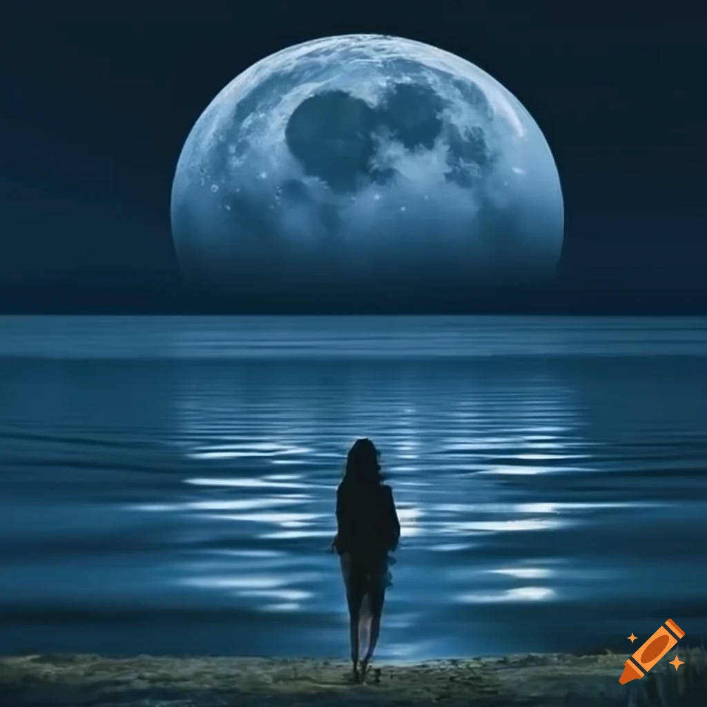 woman enjoying the view of the lake on a blue moon night